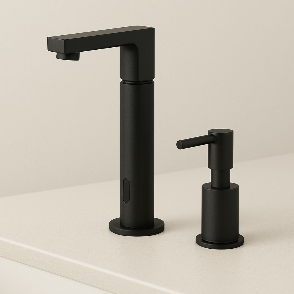 Fontana FS10280B matte black commercial sensor faucet and matching soap dispenser